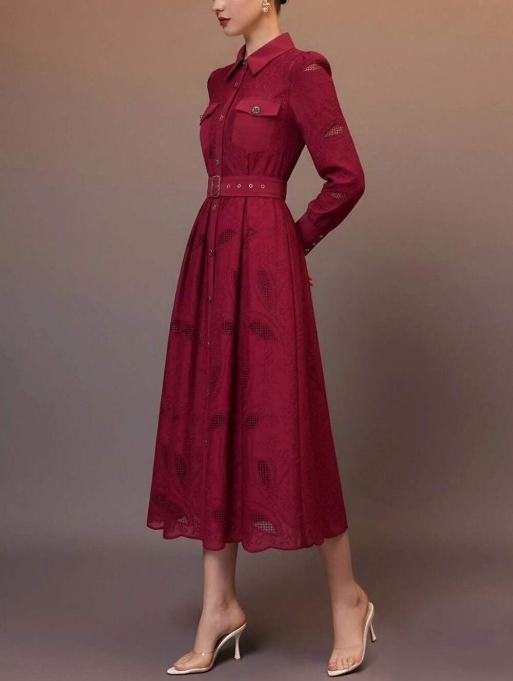 Chicwish Burgundy Long Sleeve Button-Front Midi Dress with Belt